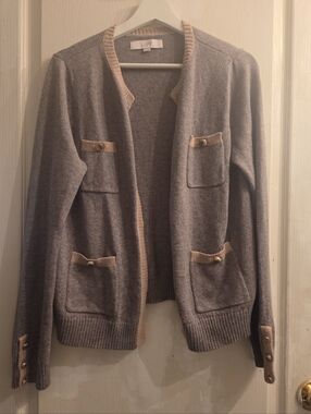 LOFT Gray Cardigan with Cream Trim and Gold Buttons Open Front Cardigan